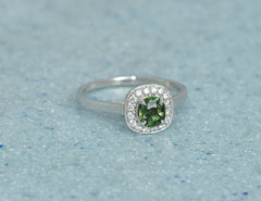 Green Sapphire Ring with White Diamond Halo