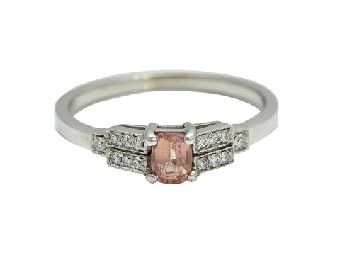 Peach Sapphire Ring with Deco Step Cut shoulders