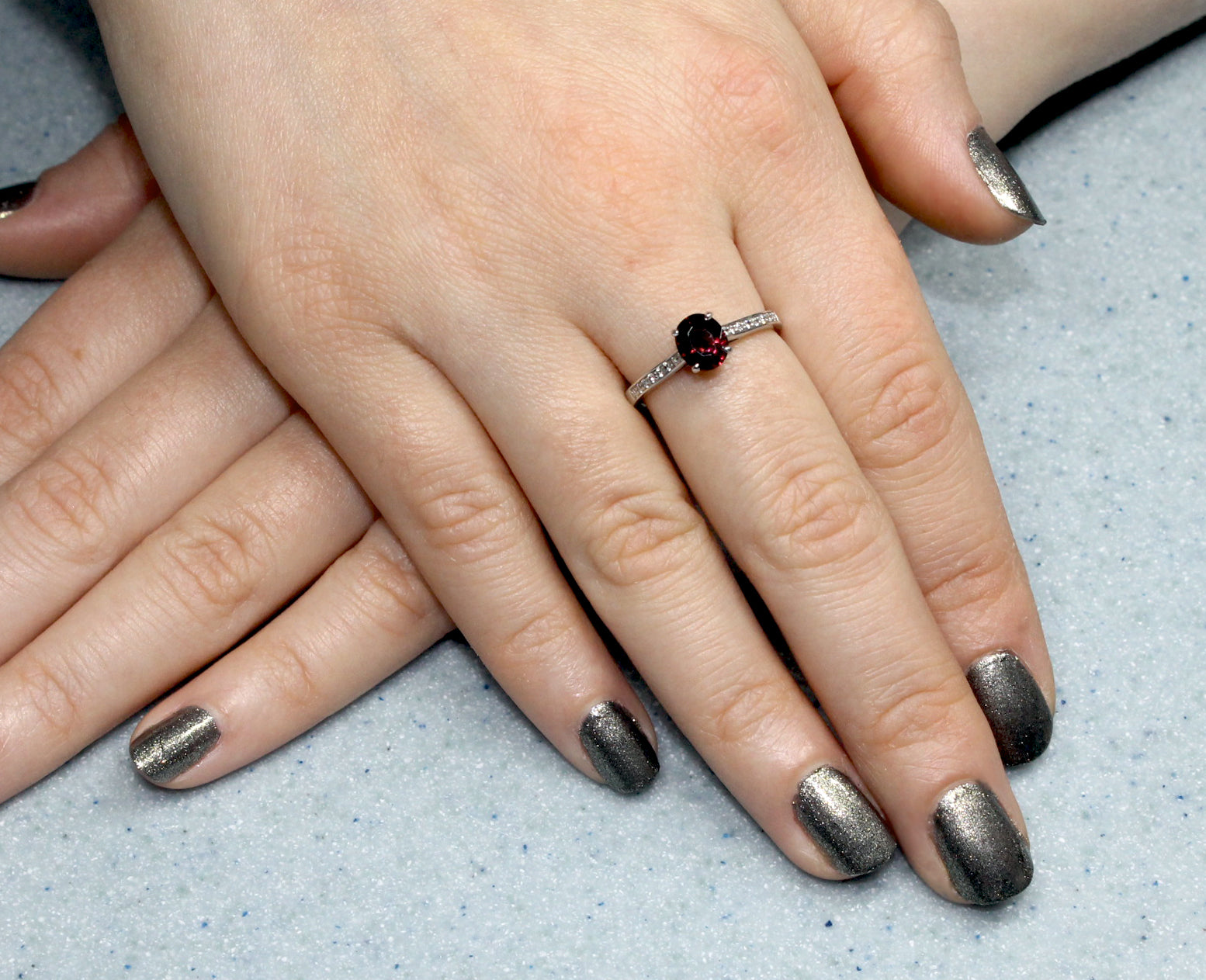 Dark Pink Spinel Ring with Diamond Shoulders