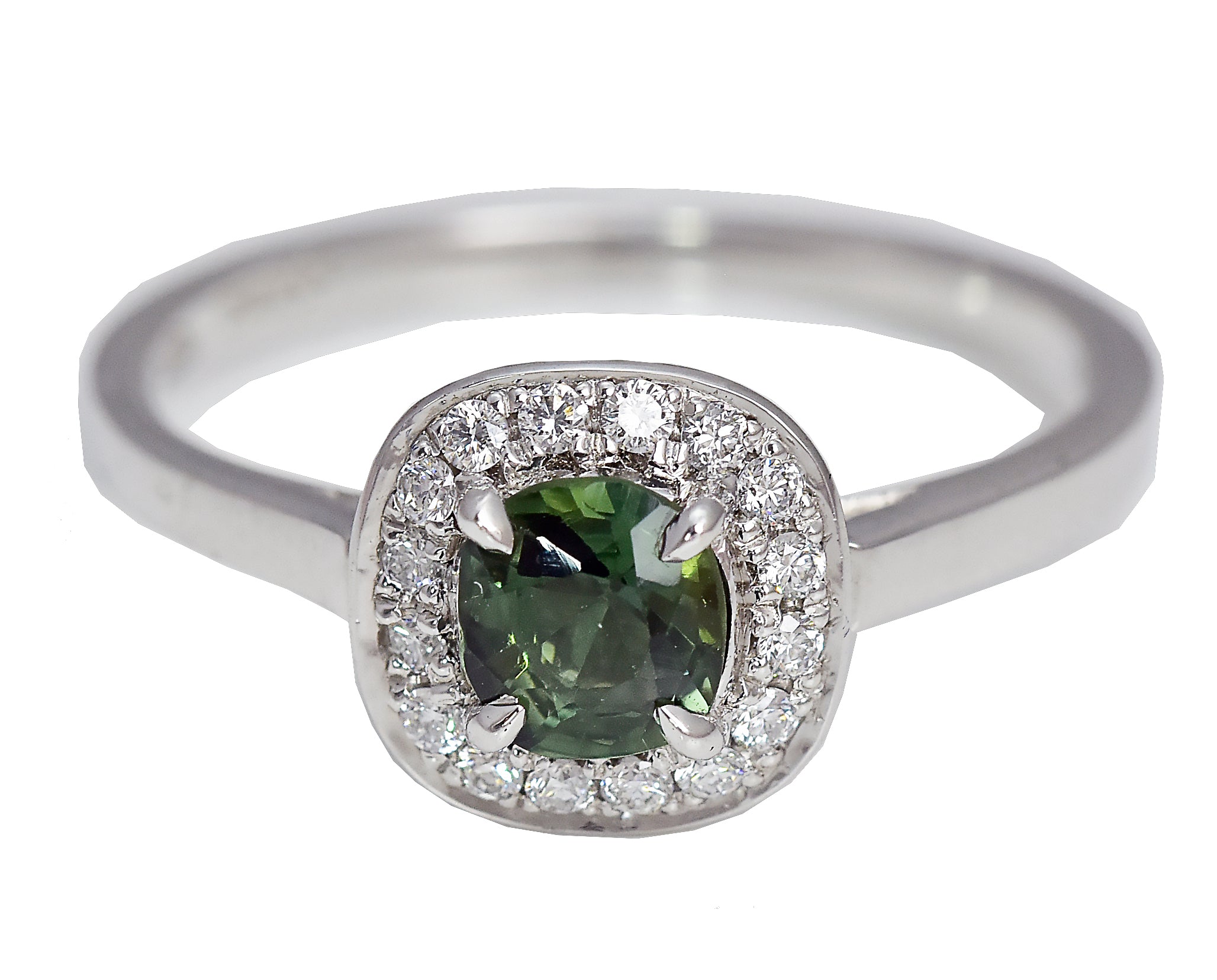Green Sapphire Ring with White Diamond Halo