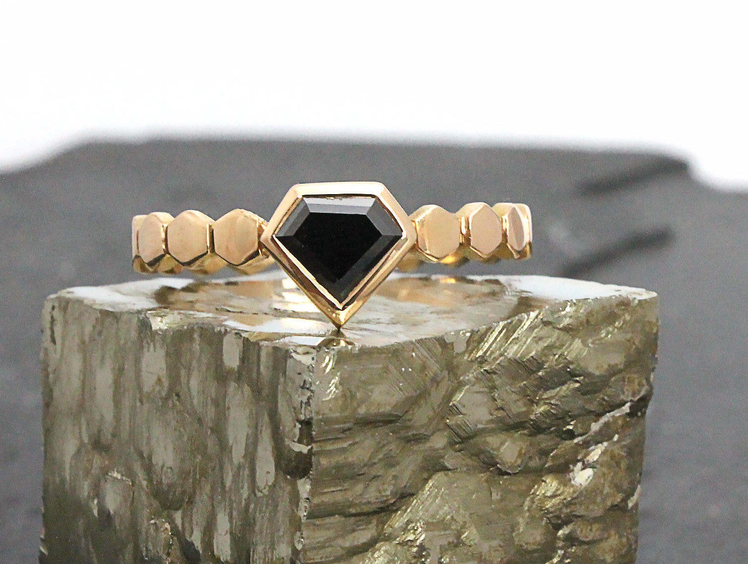Black Diamond Shield Ring with Hexagon Band