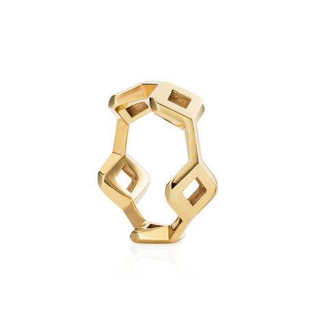Unique stacking rings, in yellow gold plated sterling silver. Geometric shapes stack into each other, handmade in our London Rocks Jewellery workshop