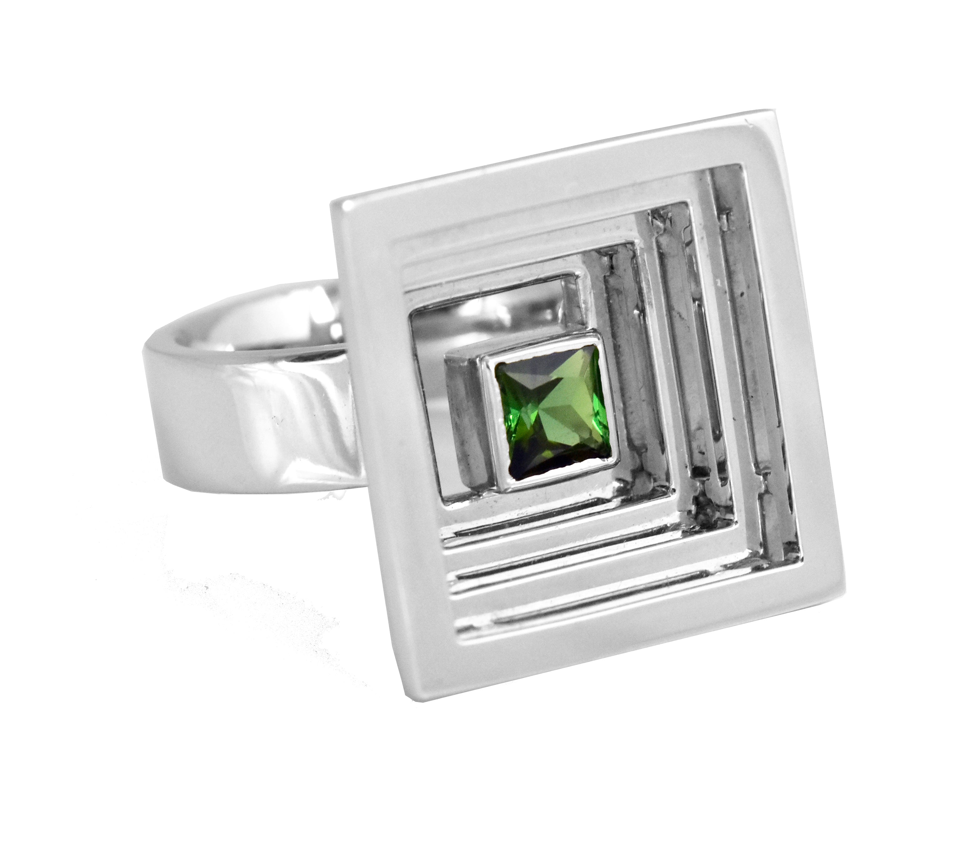 Large Vortex Silver Ring with Green Tourmaline