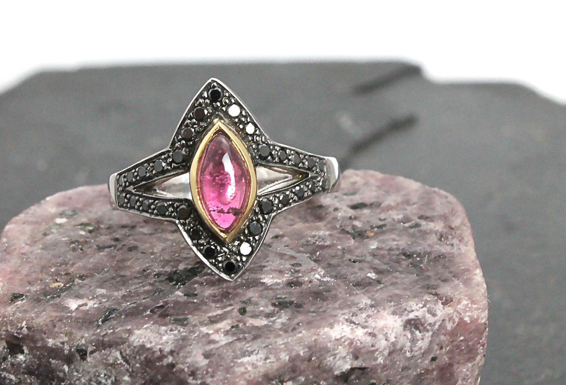 Marquise Cabochon Pink Tourmaline with pave set halo