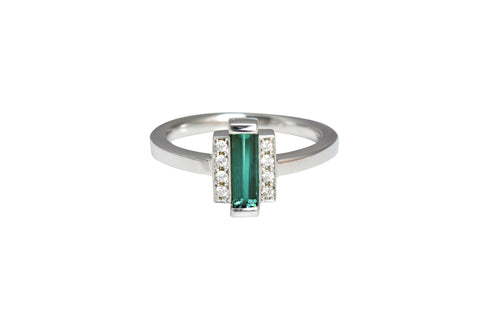 Baguette Cut Green Tourmaline and Diamond Ring